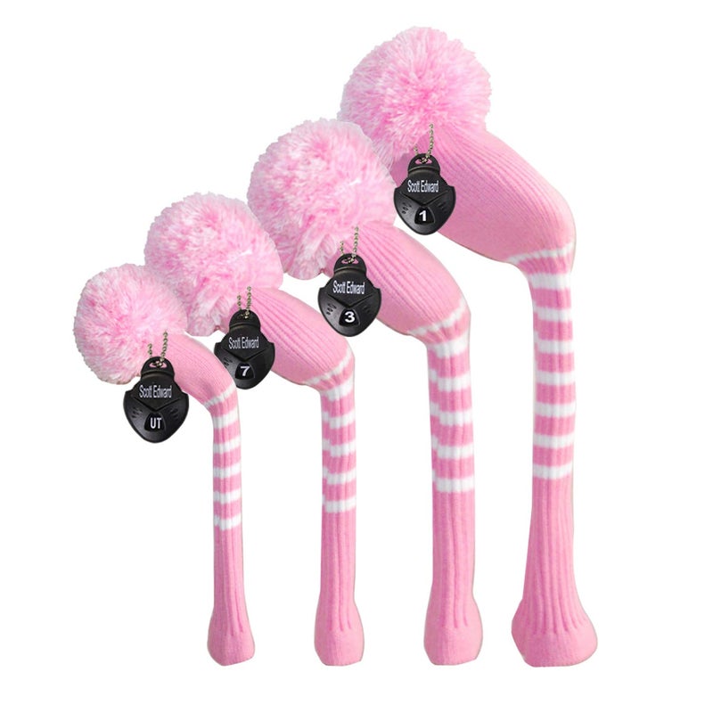 Scott Edward Multi-Style Optional Individualized Knit Golf Club Head Covers Set of 4  Fit for Driver Wood(460cc) * 1  Fairway Wood * 2  and Hybrid(UT) * 1  for Male/Female Golfers (Light Pink) - Image 1